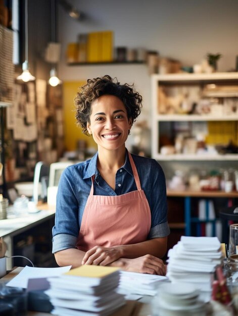 Foto proprietario di un'azienda maschio sorridente che lavora al bancone in un negozio di forniture d'arte