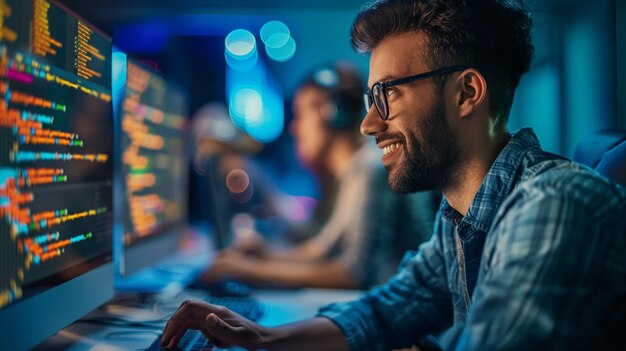 Smiling Male Developer Coding on Multiple Monitors Generative AI