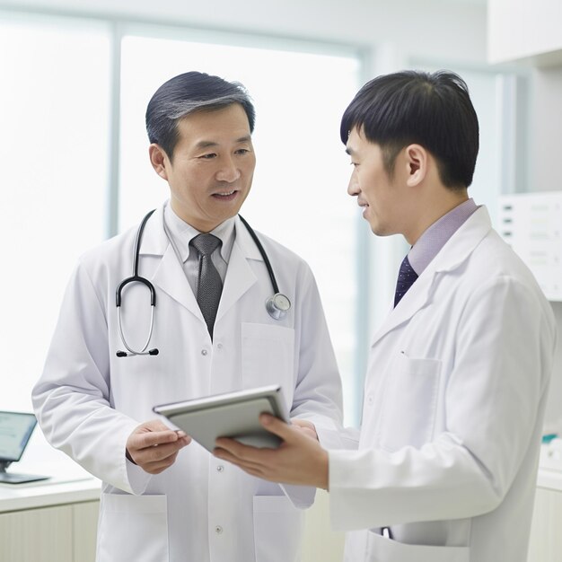 Photo smiling male doctor showing his tablet pc in clinic