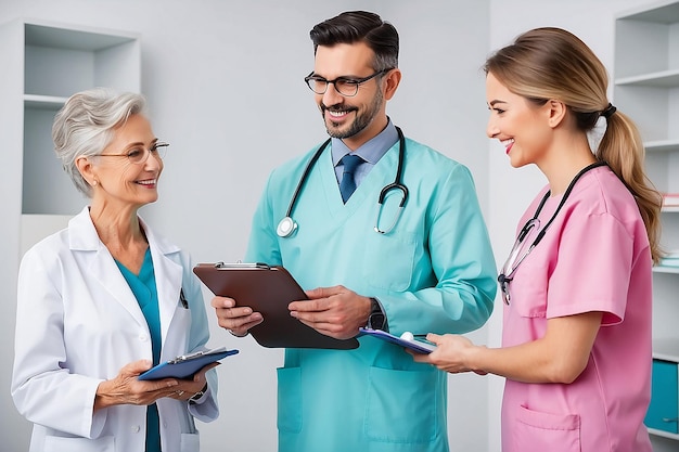 Smiling male doctor with clipboard talking with senior female patient in doctor