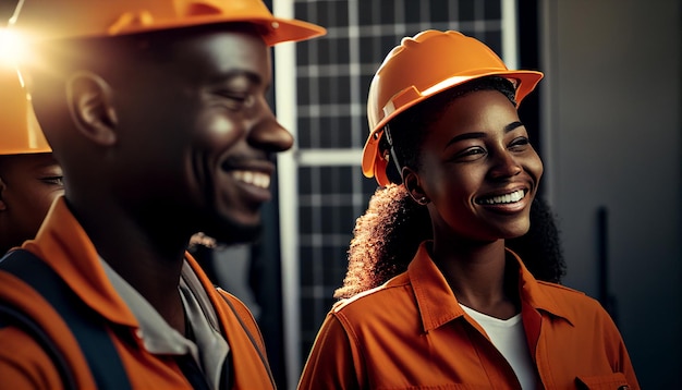 Smiling male and female electrical engineers in orange caps and safety shoes walk around a solar panel facility conversing and looking at work Background of solar panels AI Generative