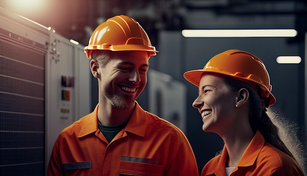 Smiling male and female electrical engineers in orange caps and safety shoes walk around a solar panel facility conversing and looking at work Background of solar panels AI Generative