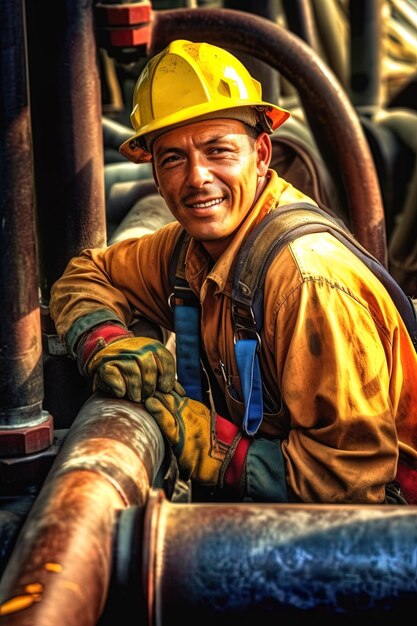 Smiling male labor worker working on construction site safety helmet