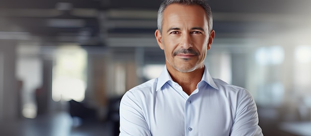 Smiling male leader businessman with crossed arms on office background