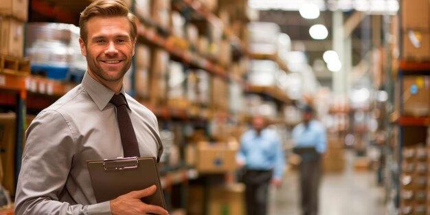 Photo smiling male manager with clipboard in warehouse