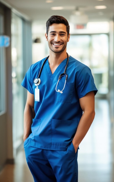 Smiling male nurse in clinical setting