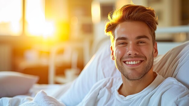 Photo smiling male patient in white gown lying comfortably on hospital bed looking relaxed and happy