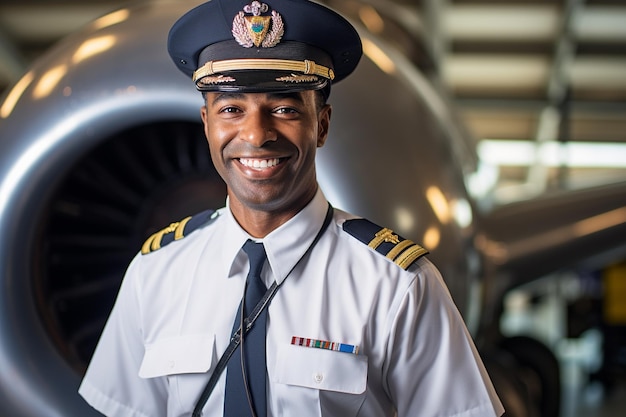 Photo smiling male pilot standing in front of airplane with generative ai