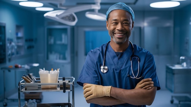 Smiling male surgeon in blue uniform with stethoscope