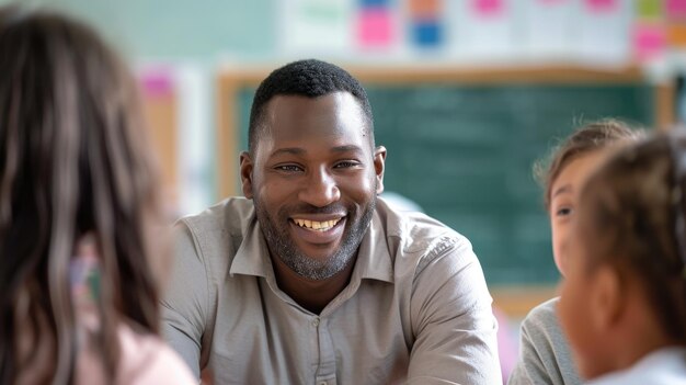 Smiling Male Teacher Engaging with Young Students in Classroom