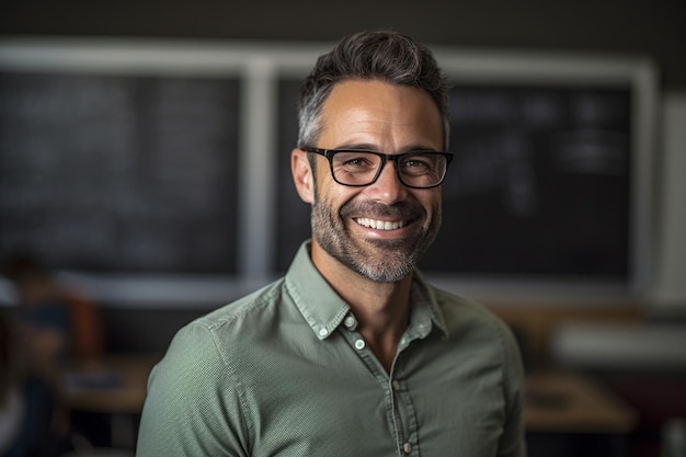 Smiling male teacher in front of the whiteboard with Generative AI