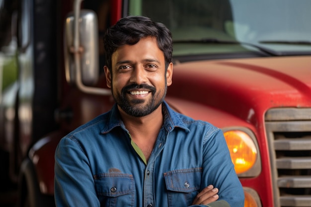 A smiling male truck driver standing in front of his truck with Generative AI