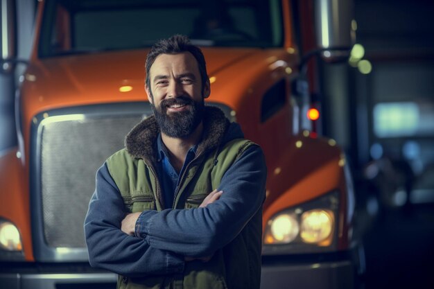 A smiling male truck driver standing in front of his truck with Generative AI