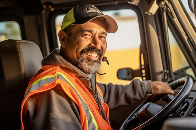 A smiling male truck driver at the wheel of a truck with Generative AI