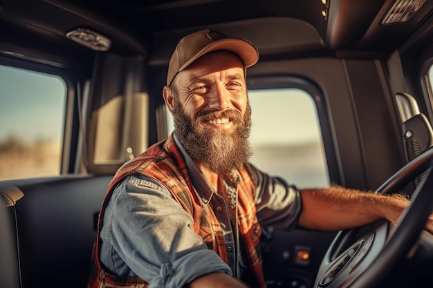 A smiling male truck driver at the wheel of a truck with Generative AI