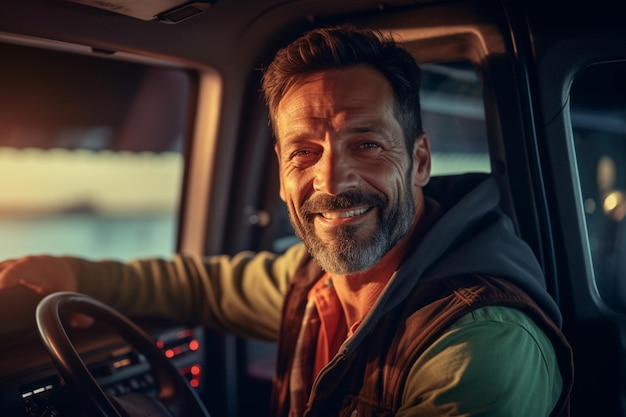 A smiling male truck driver at the wheel of a truck with Generative AI