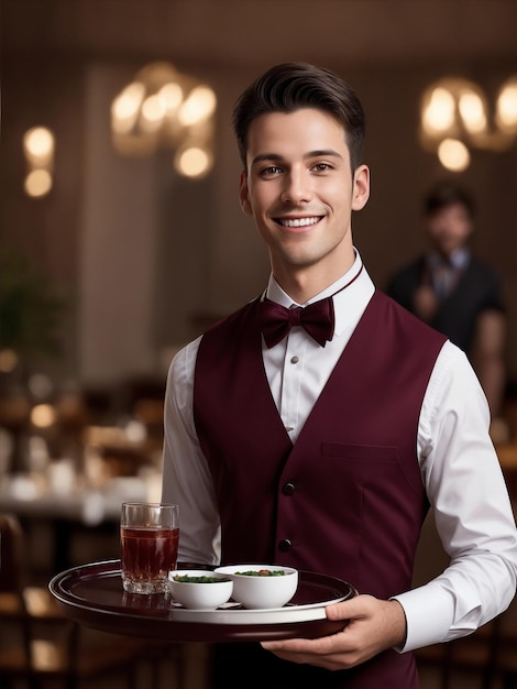 Photo smiling male waiter holding a tray in a restaurant