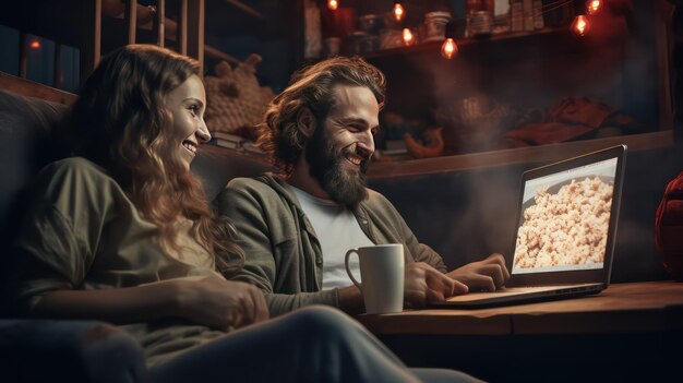 Фото Улыбающийся мужчина и женщина смотрят фильм на ноутбуке, сидя дома на диване.