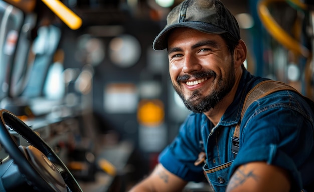 A smiling man in a blue shirt and hat is sitting in the drivers seat of a truck