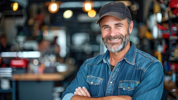 Photo smiling man in blue shirt and hat