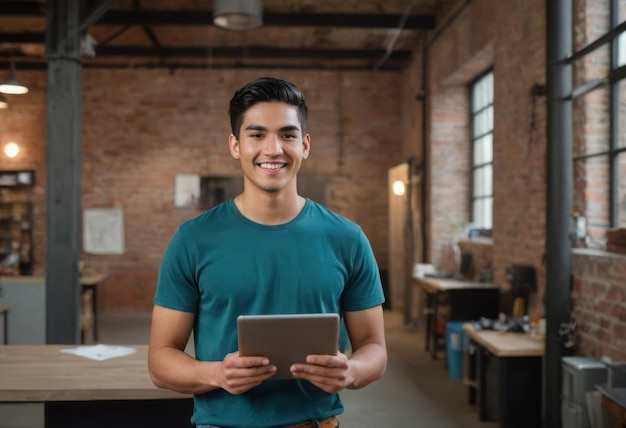 Smiling man in blue shirt holding a digital tablet