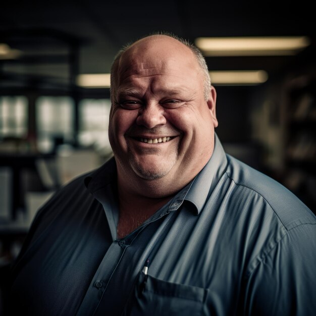 Foto un uomo sorridente con una camicia blu in un ufficio