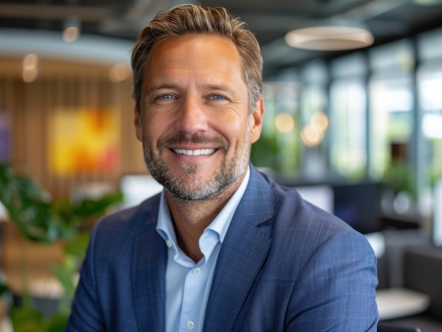 Smiling Man in Blue Suit Sits in Office