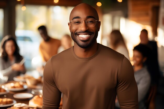 smiling man in brown shirt standing in front of a table of food Generative AI