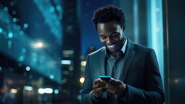 Улыбающийся мужчина в деловом костюме смотрит на свой смартфон, стоя в помещении с ночными городскими огнями, отражающимися в стеклянном окне за ним