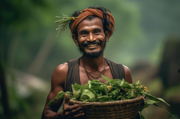 A Smiling Man Carrying a Basket of Greenery