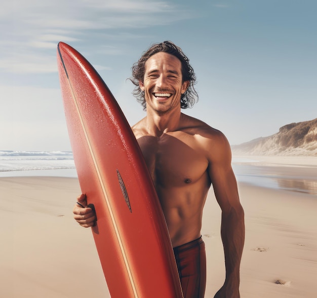 해변 에서 서프보드 를 들고 있는 미소 짓는 남자