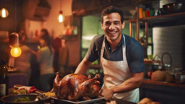 Smiling Man Carving a Roasted Turkey in a Dimly Lit Kitchen