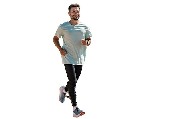 Photo smiling man in a casual tshirt and running tights with fitness tracker jogging on white