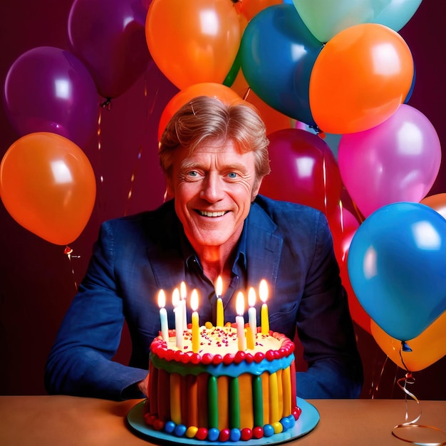 Foto uomo sorridente che celebra la festa di compleanno con torta e palloncini