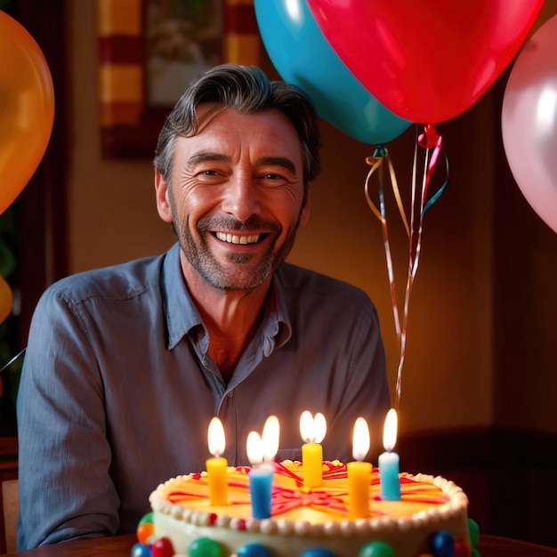 Foto uomo sorridente che celebra la festa di compleanno con torta e palloncini