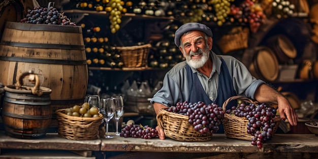 Smiling man in cellar with grapes rustic winemaking scene authentic winemaker lifestyle portrait traditional vineyard atmosphere AI
