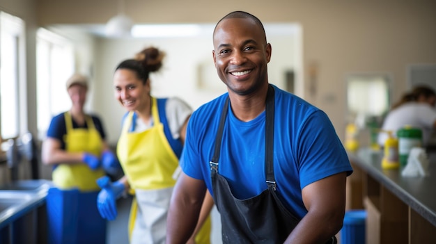 Smiling man in a cleaning service uniform with colleagues in the background indicating a professional cleaning team at work