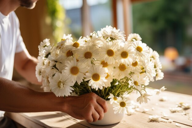 笑顔の男が花束を集め 新鮮な花の贈り物