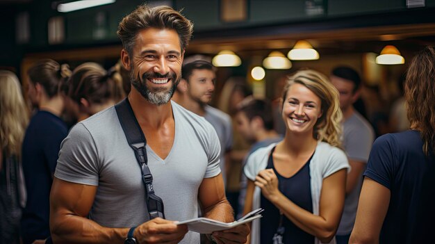 Foto uomo sorridente nella folla che emana fiducia in mezzo al trambusto