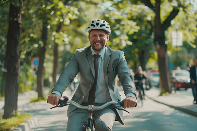 Photo a smiling man dressed in a suit with a helmet rides his bicycle to work