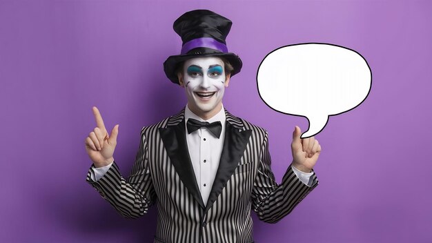 Smiling man dresses for carnival party has image of hatter from wonderland indicates away on blank