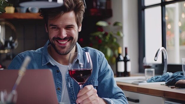 Smiling man drinking red wine while working on laptop in kitchen at home ai generative