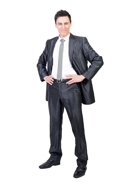 Smiling man in elegant suit. White background.