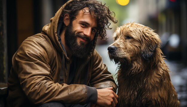 Smiling man embraces wet puppy purebred retriever generated by AI