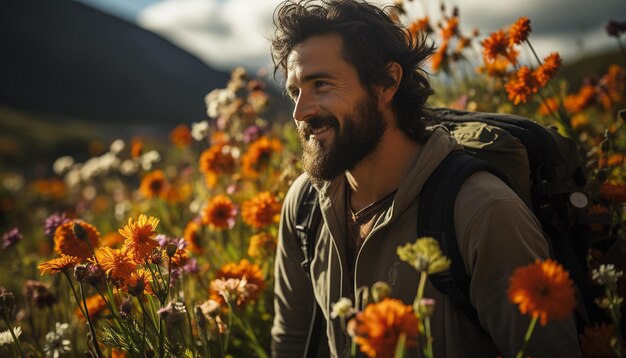 Foto un uomo sorridente si gode la bellezza della natura in un'escursione generata dall'intelligenza artificiale