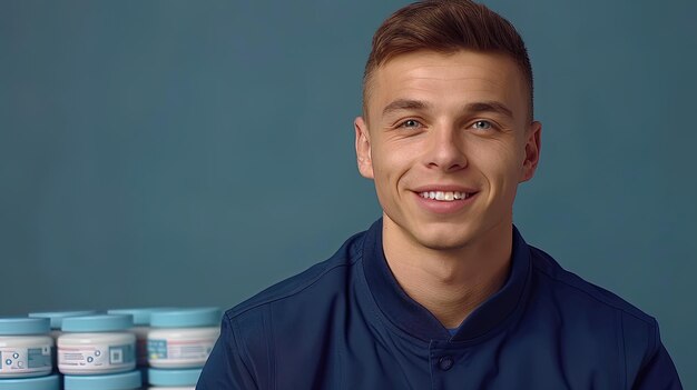 Smiling Man in Front of Stack of Jars