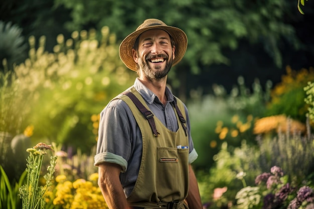smiling man gardener in a beautiful garden
