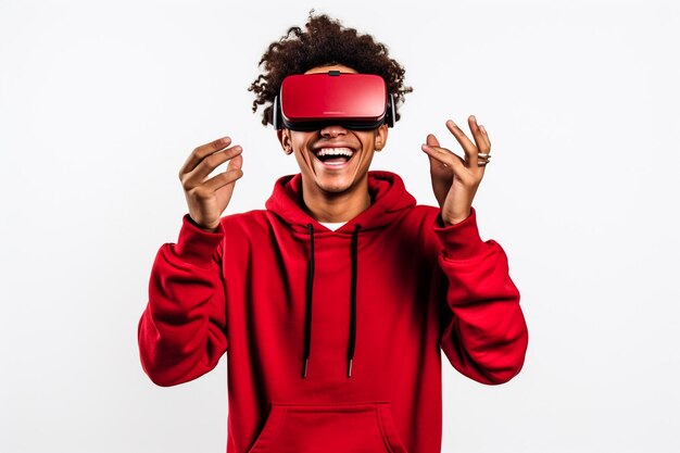 Smiling man gesturing while using virtual reality headset