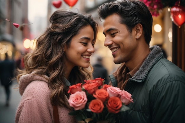 Улыбающийся мужчина дарит женщине цветы в День святого Валентина