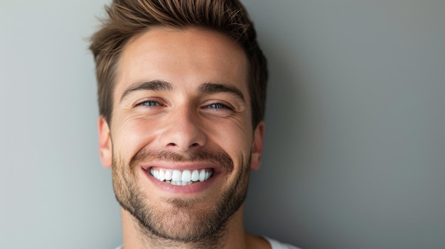 Smiling man on grey background teeth whitening